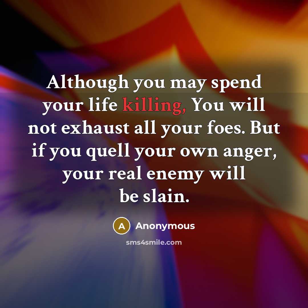 “Although you may spend your life killing, You will not exhaust all your foes. But if you quell your own anger, your real enemy will be slain.” quote by Anonymous