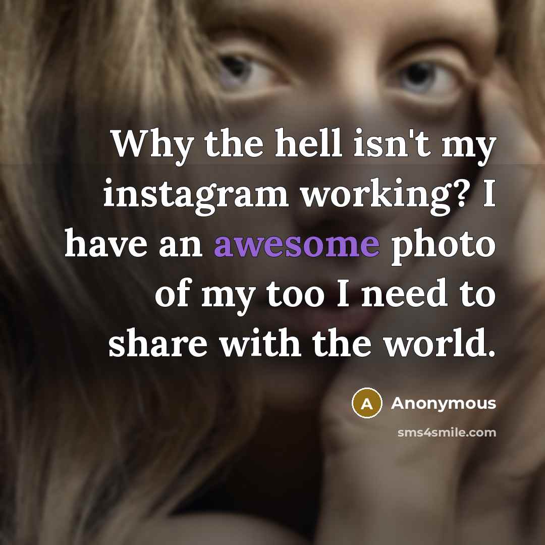 “Why the hell isn't my instagram working? I have an awesome photo of my too I need to share with the world.” quote by Anonymous