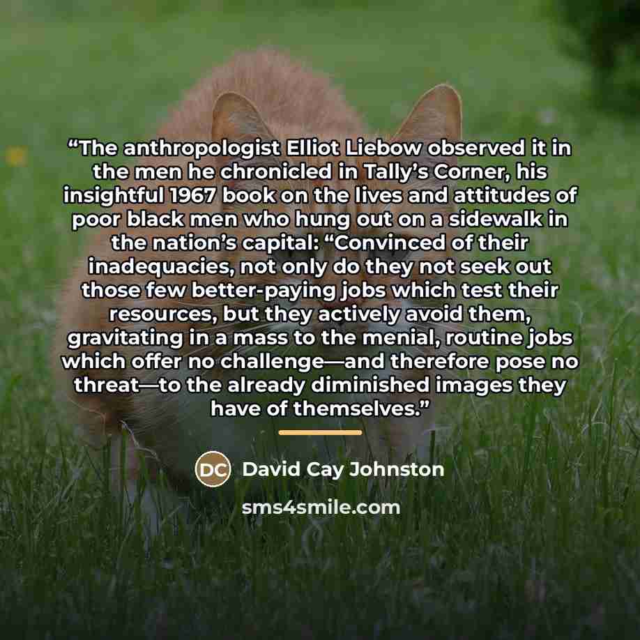 “The anthropologist Elliot Liebow observed it in the men he chronicled in Tally’s Corner, his insightful 1967 book on the lives and attitudes of poor black men who hung out on a sidewalk in the nation’s capital: “Convinced of their inadequacies, not only do they not seek out those few better-paying…” quote by David Cay Johnston
