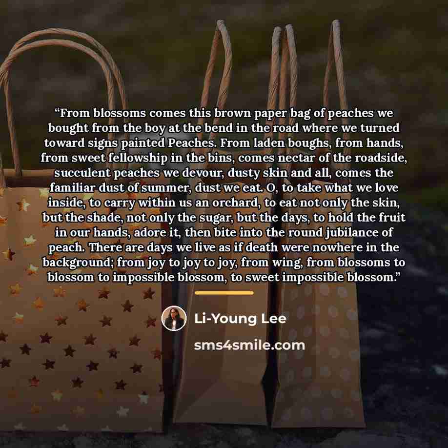 “From blossoms comes this brown paper bag of peaches we bought from the boy at the bend in the road where we turned toward signs painted Peaches. From laden boughs, from hands, from sweet fellowship in the bins, comes nectar of the roadside, succulent peaches we devour, dusty skin and all, comes…” quote by Li-Young Lee