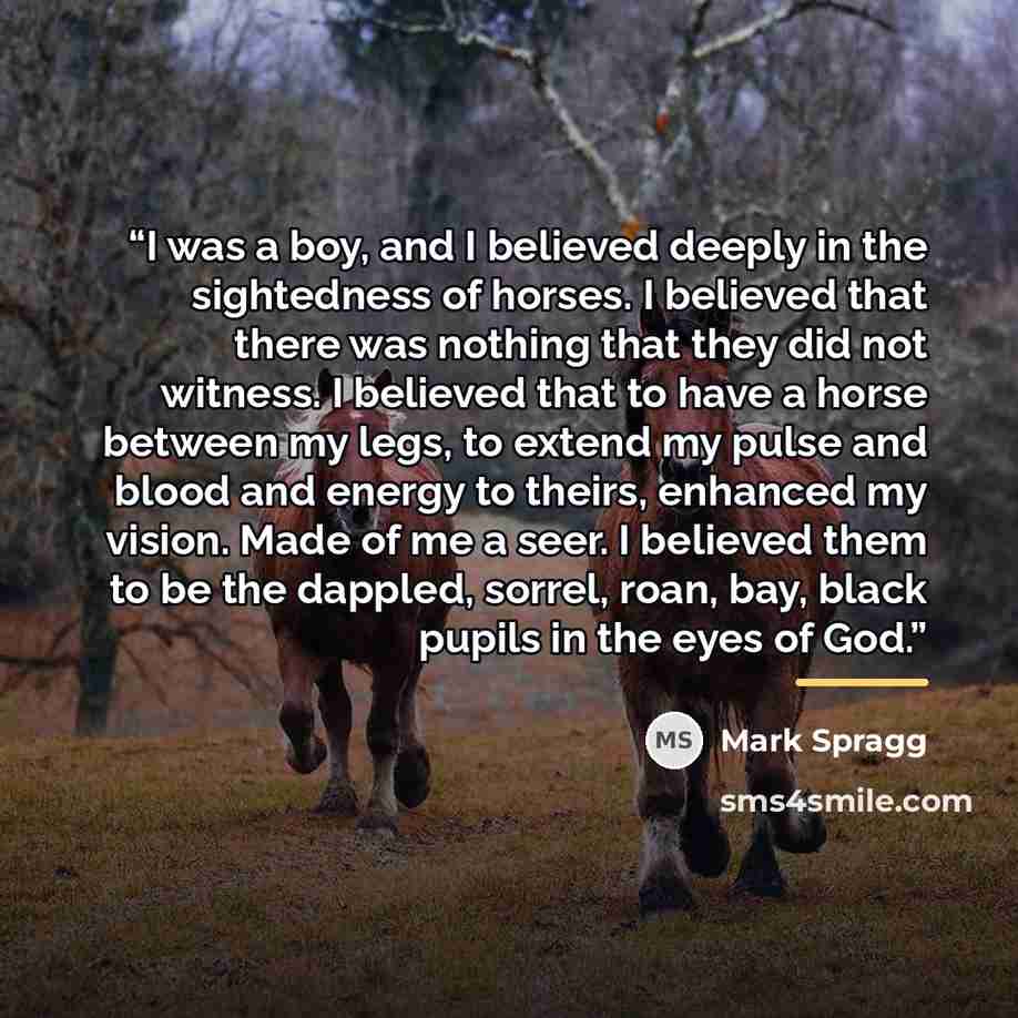 “I was a boy, and I believed deeply in the sightedness of horses. I believed that there was nothing that they did not witness. I believed that to have a horse between my legs, to extend my pulse and blood and energy to theirs, enhanced my vision. Made of me a seer. I believed them to be the…” quote by Mark Spragg