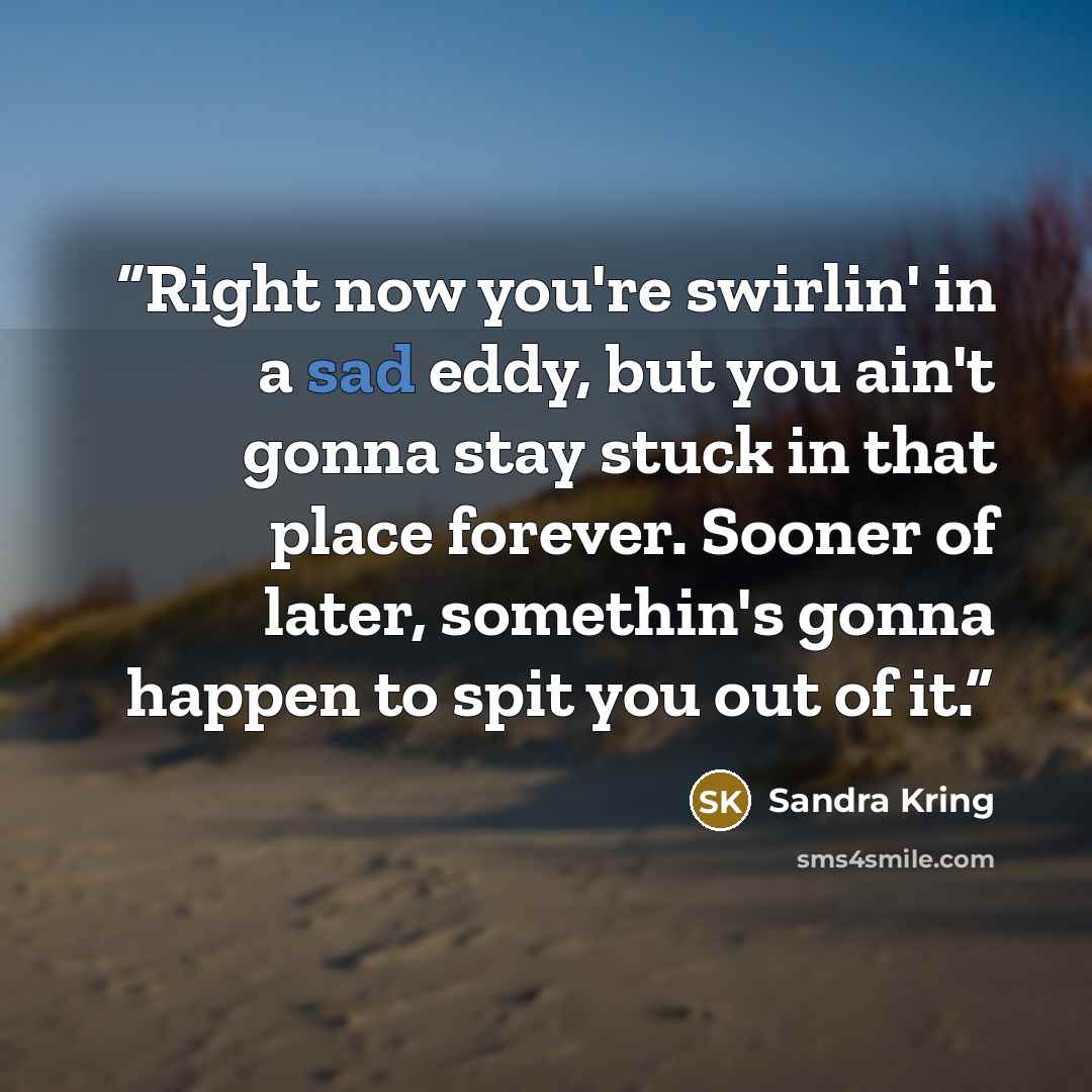 “Right now you're swirlin' in a sad eddy, but you ain't gonna stay stuck in that place forever. Sooner of later, somethin's gonna happen to spit you out of it.” quote by Sandra Kring
