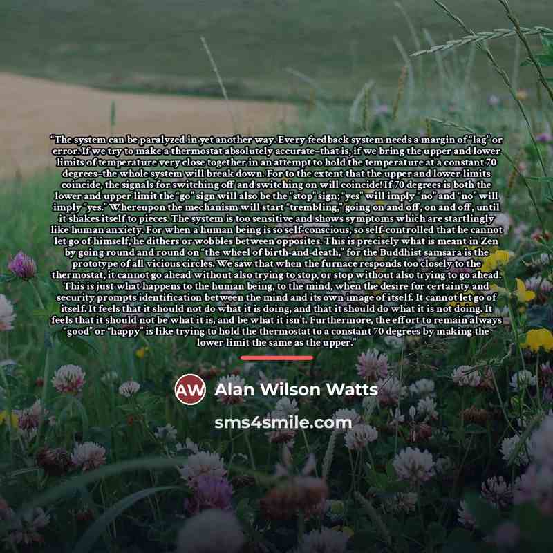 “The system can be paralyzed in yet another way. Every feedback system needs a margin of “lag” or error. If we try to make a thermostat absolutely accurate–that is, if we bring the upper and lower limits of temperature very close together in an attempt to hold the temperature at a constant 70…” quote by Alan Wilson Watts