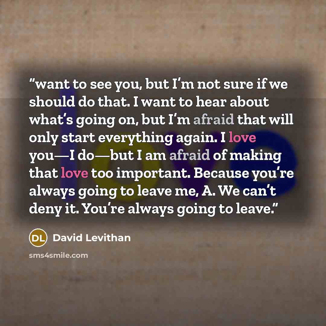 “want to see you, but I’m not sure if we should do that. I want to hear about what’s going on, but I’m afraid that will only start everything again. I love you—I do—but I am afraid of making that love too important. Because you’re always going to leave me, A. We can’t deny it. You’re always going…” quote by David Levithan