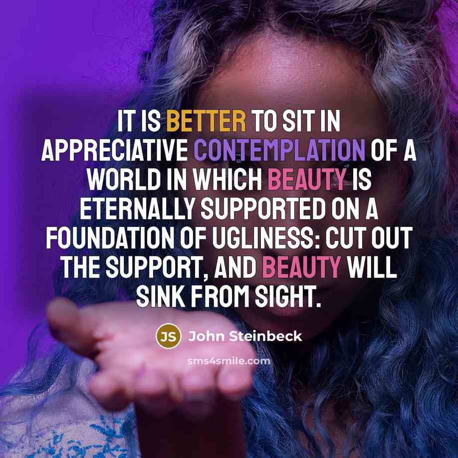 “It is better to sit in appreciative contemplation of a world in which beauty is eternally supported on a foundation of ugliness: cut out the support, and beauty will sink from sight.” quote by John Steinbeck