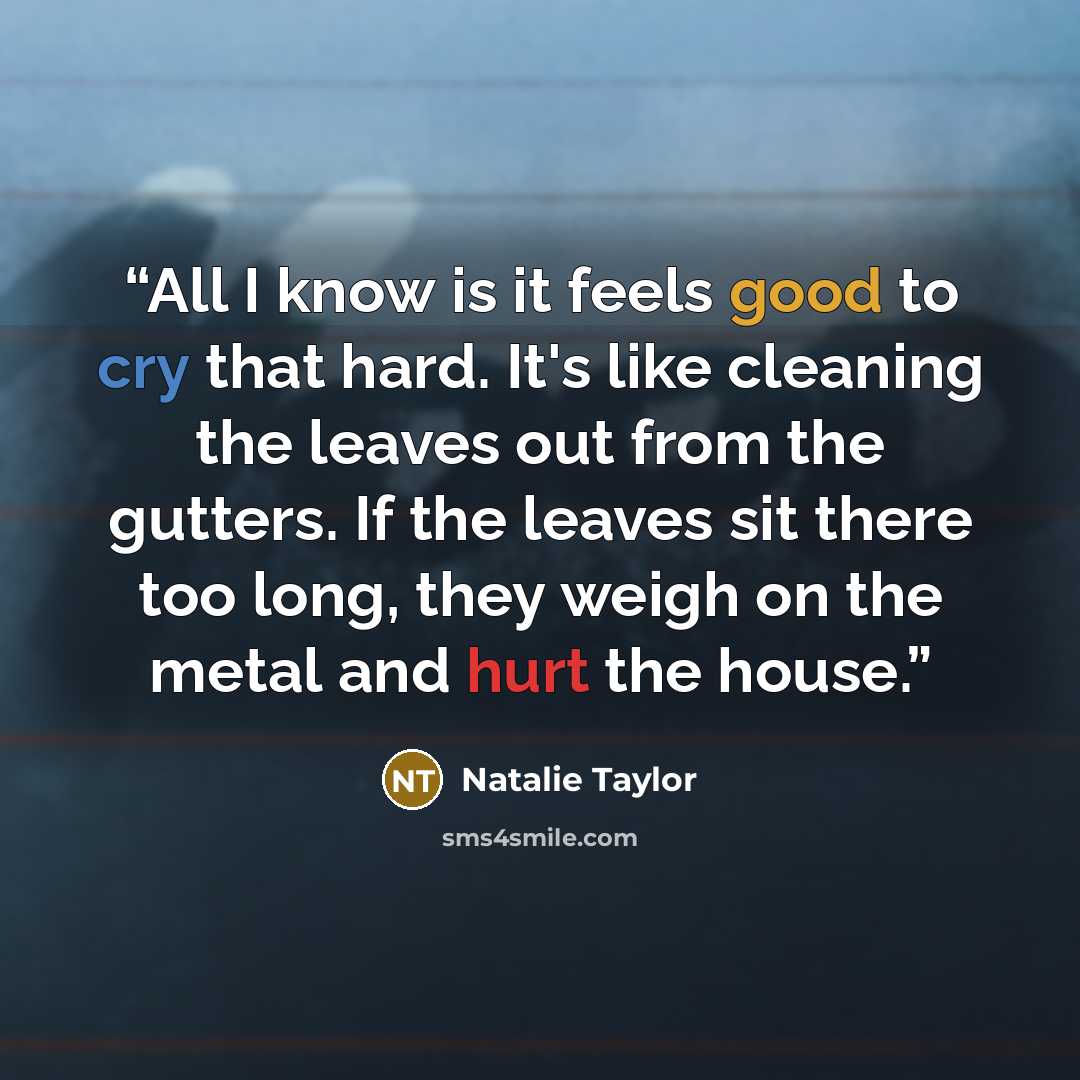 “All I know is it feels good to cry that hard. It's like cleaning the leaves out from the gutters. If the leaves sit there too long, they weigh on the metal and hurt the house.” quote by Natalie Taylor