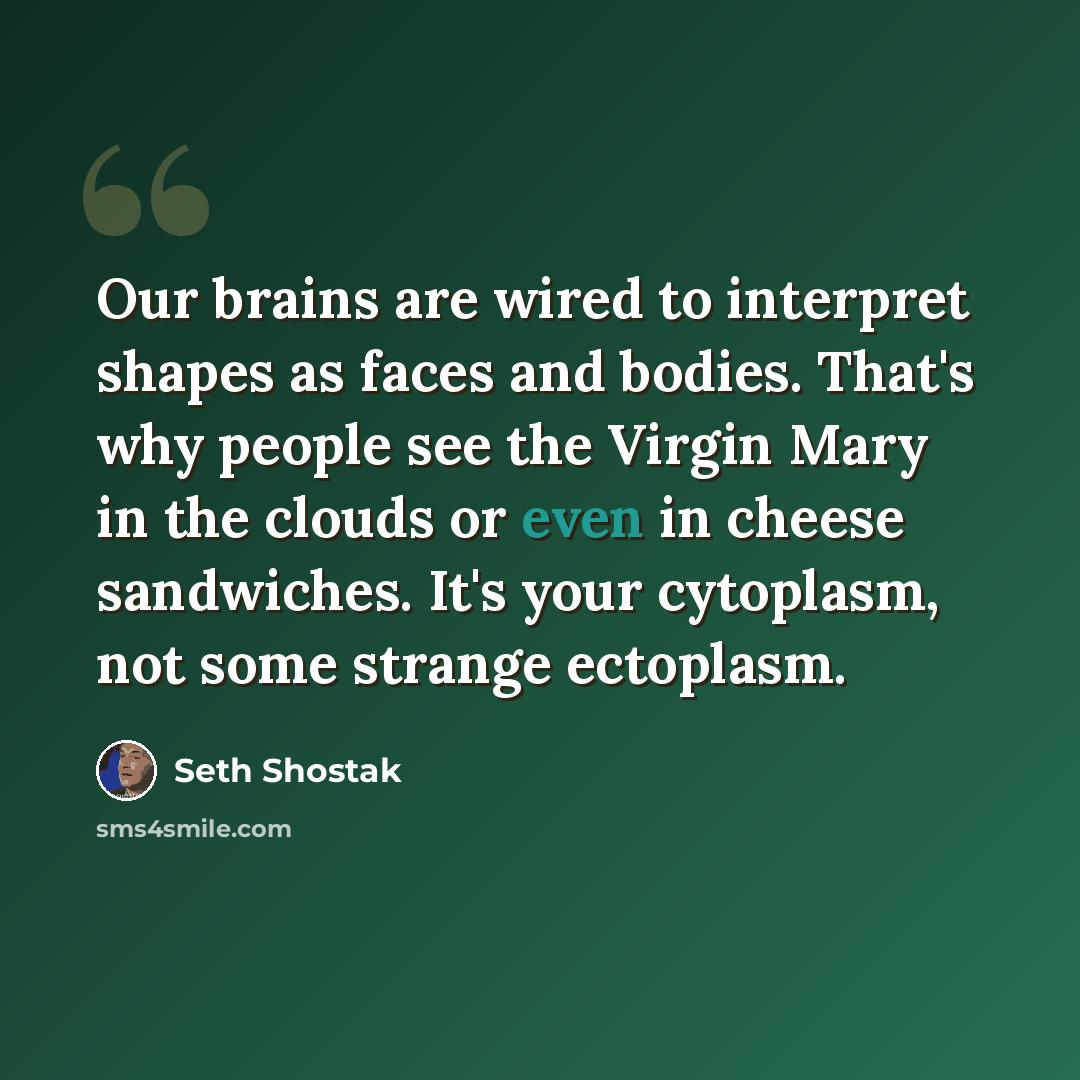 “Our brains are wired to interpret shapes as faces and bodies. That's why people see the Virgin Mary in the clouds or even in cheese sandwiches. It's your cytoplasm, not some strange ectoplasm.” quote by Seth Shostak