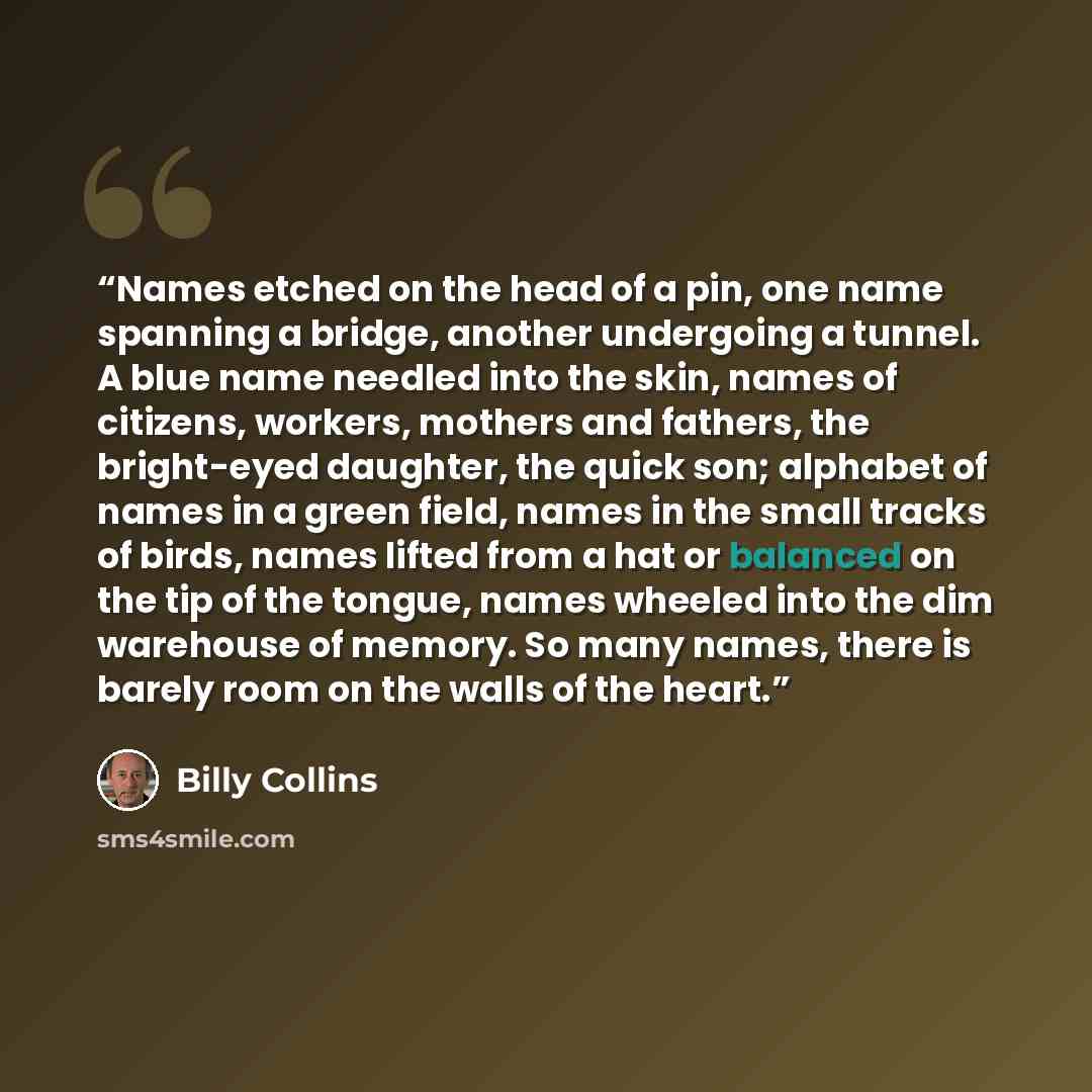 “Names etched on the head of a pin, one name spanning a bridge, another undergoing a tunnel. A blue name needled into the skin, names of citizens, workers, mothers and fathers, the bright-eyed daughter, the quick son; alphabet of names in a green field, names in the small tracks of birds, names…” quote by Billy Collins