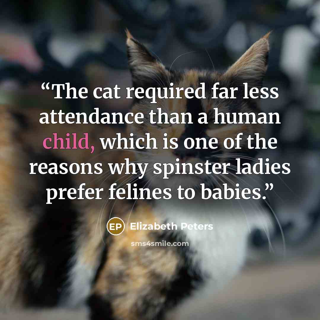 “The cat required far less attendance than a human child, which is one of the reasons why spinster ladies prefer felines to babies.” quote by Elizabeth Peters