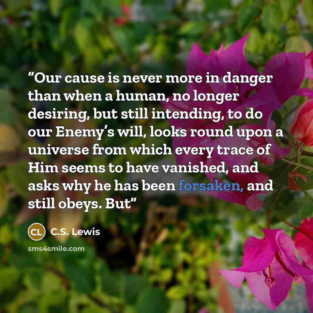 “Our cause is never more in danger than when a human, no longer desiring, but still intending, to do our Enemy’s will, looks round upon a universe from which every trace of Him seems to have vanished, and asks why he has been forsaken, and still obeys. But” quote by C.S. Lewis