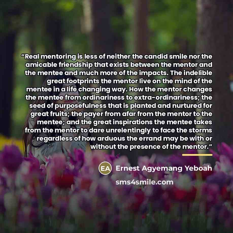 “Real mentoring is less of neither the candid smile nor the amicable friendship that exists between the mentor and the mentee and much more of the impacts. The indelible great footprints the mentor live on the mind of the mentee in a life changing way. How the mentor changes the mentee from…” quote by Ernest Agyemang Yeboah