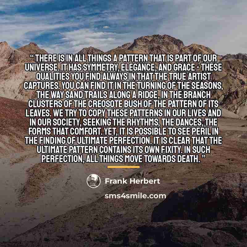 “There is in all things a pattern that is part of our universe. It has symmetry, elegance, and grace - these qualities you find always in that the true artist captures. You can find it in the turning of the seasons, the way sand trails along a ridge, in the branch clusters of the creosote bush of…” quote by Frank Herbert