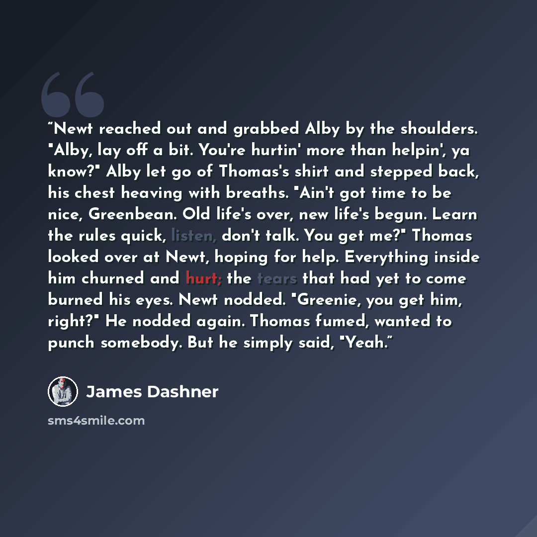“Newt reached out and grabbed Alby by the shoulders. "Alby, lay off a bit. You're hurtin' more than helpin', ya know?" Alby let go of Thomas's shirt and stepped back, his chest heaving with breaths. "Ain't got time to be nice, Greenbean. Old life's over, new life's begun. Learn the rules quick…” quote by James Dashner