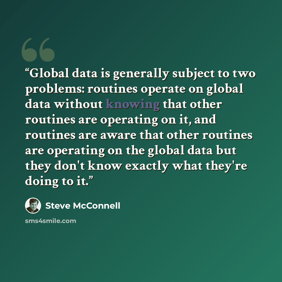 “Global data is generally subject to two problems: routines operate on global data without knowing that other routines are operating on it, and routines are aware that other routines are operating on the global data but they don't know exactly what they're doing to it.” quote by Steve McConnell