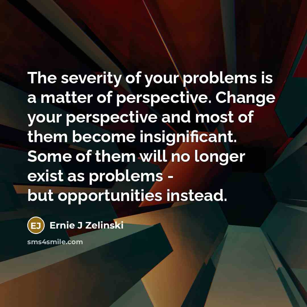 “The severity of your problems is a matter of perspective. Change your perspective and most of them become insignificant. Some of them will no longer exist as problems - but opportunities instead.” quote by Ernie J Zelinski