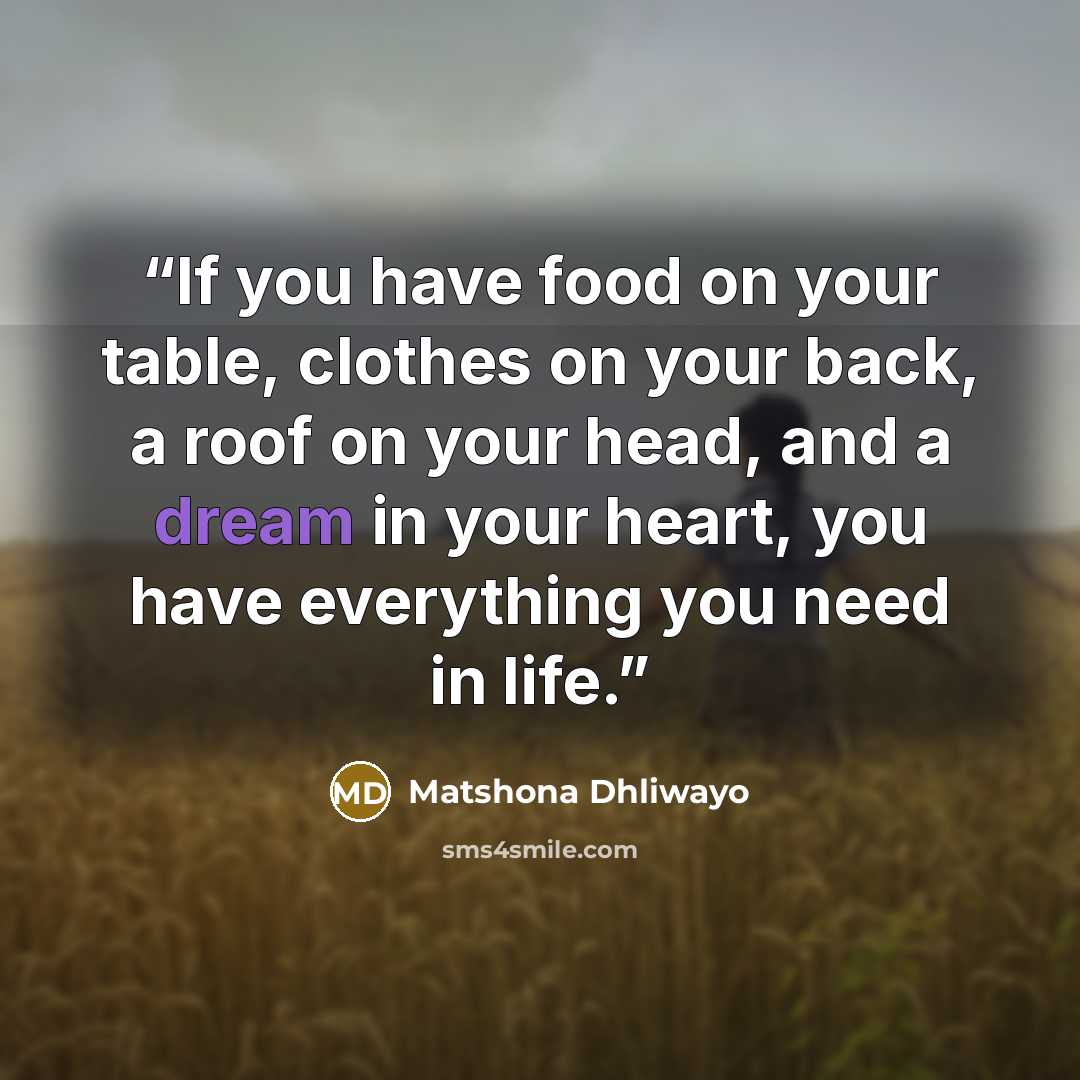 “If you have food on your table, clothes on your back, a roof on your head, and a dream in your heart, you have everything you need in life.” quote by Matshona Dhliwayo