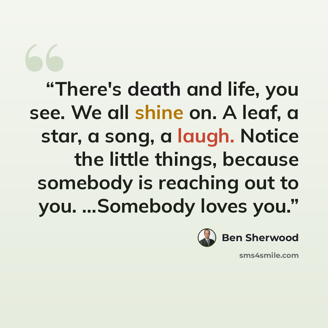 “There's death and life, you see. We all shine on. A leaf, a star, a song, a laugh. Notice the little things, because somebody is reaching out to you. ...Somebody loves you.” quote by Ben Sherwood