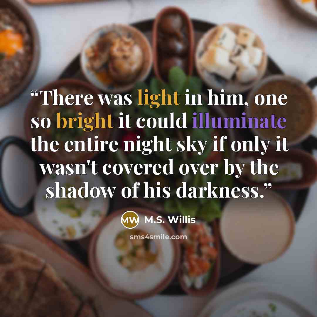 “There was light in him, one so bright it could illuminate the entire night sky if only it wasn't covered over by the shadow of his darkness.” quote by M.S. Willis
