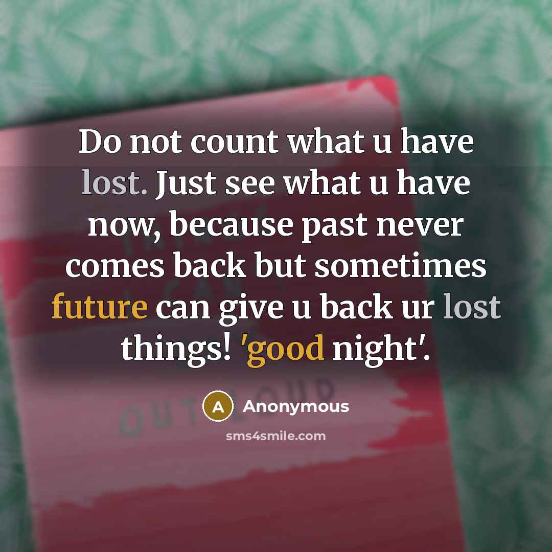 “Do not count what u have lost. Just see what u have now, because past never comes back but sometimes future can give u back ur lost things! 'good night'.” quote by Anonymous