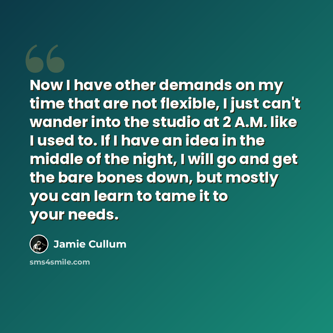 “Now I have other demands on my time that are not flexible, I just can't wander into the studio at 2 A.M. like I used to. If I have an idea in the middle of the night, I will go and get the bare bones down, but mostly you can learn to tame it to your needs.” quote by Jamie Cullum