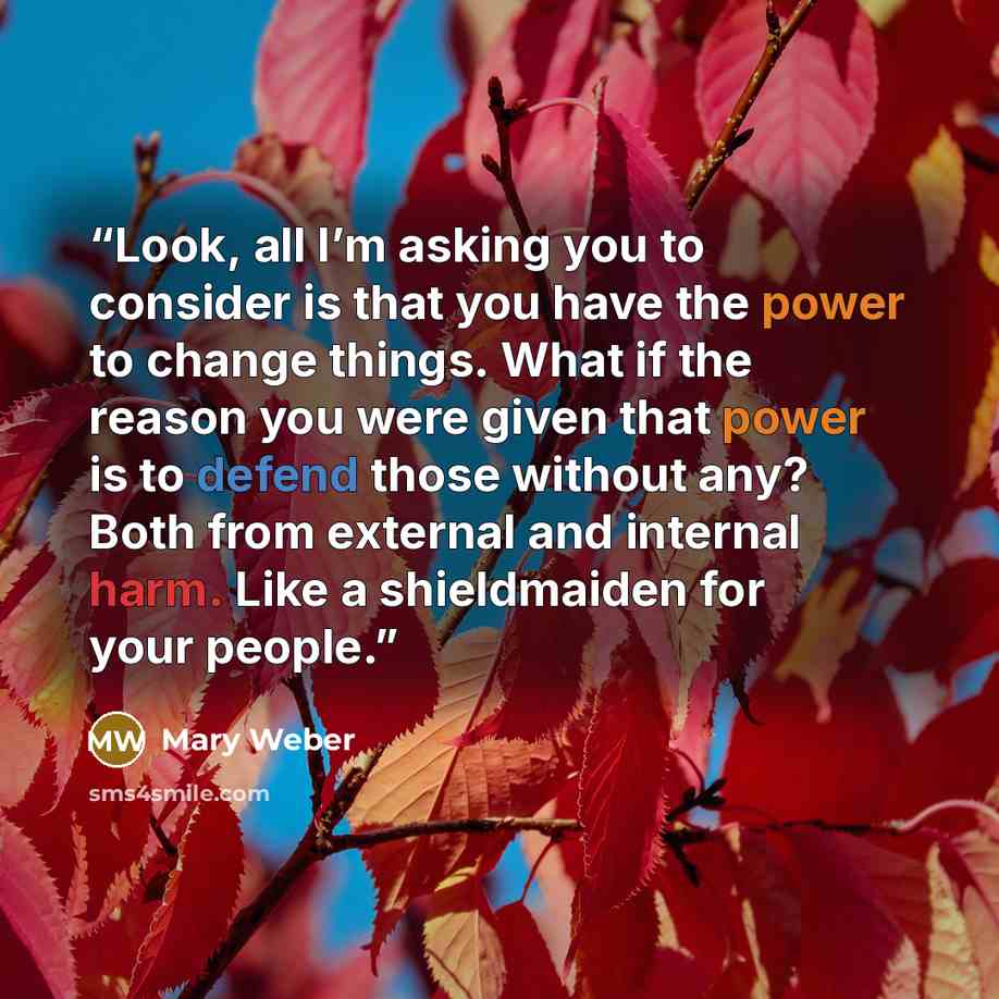 “Look, all I’m asking you to consider is that you have the power to change things. What if the reason you were given that power is to defend those without any? Both from external and internal harm. Like a shieldmaiden for your people.” quote by Mary Weber