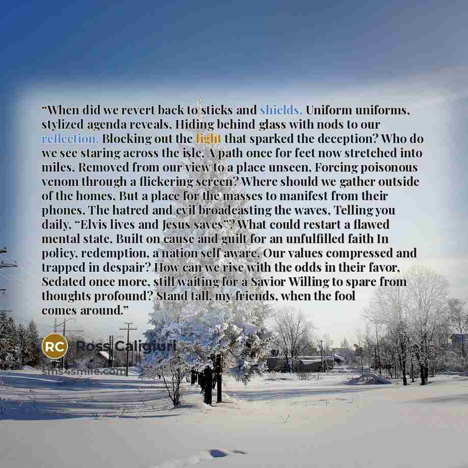 “When did we revert back to sticks and shields, Uniform uniforms, stylized agenda reveals, Hiding behind glass with nods to our reflection, Blocking out the light that sparked the deception? Who do we see staring across the isle, A path once for feet now stretched into miles, Removed from our view…” quote by Ross Caligiuri
