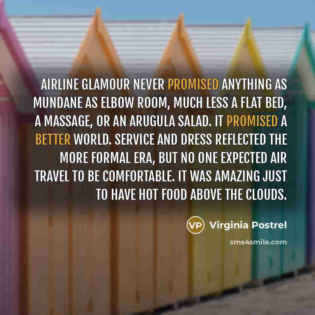 “Airline glamour never promised anything as mundane as elbow room, much less a flat bed, a massage, or an arugula salad. It promised a better world. Service and dress reflected the more formal era, but no one expected air travel to be comfortable. It was amazing just to have hot food above the…” quote by Virginia Postrel