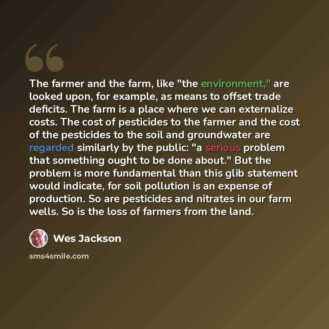 “The farmer and the farm, like "the environment," are looked upon, for example, as means to offset trade deficits. The farm is a place where we can externalize costs. The cost of pesticides to the farmer and the cost of the pesticides to the soil and groundwater are regarded similarly by the…” quote by Wes Jackson