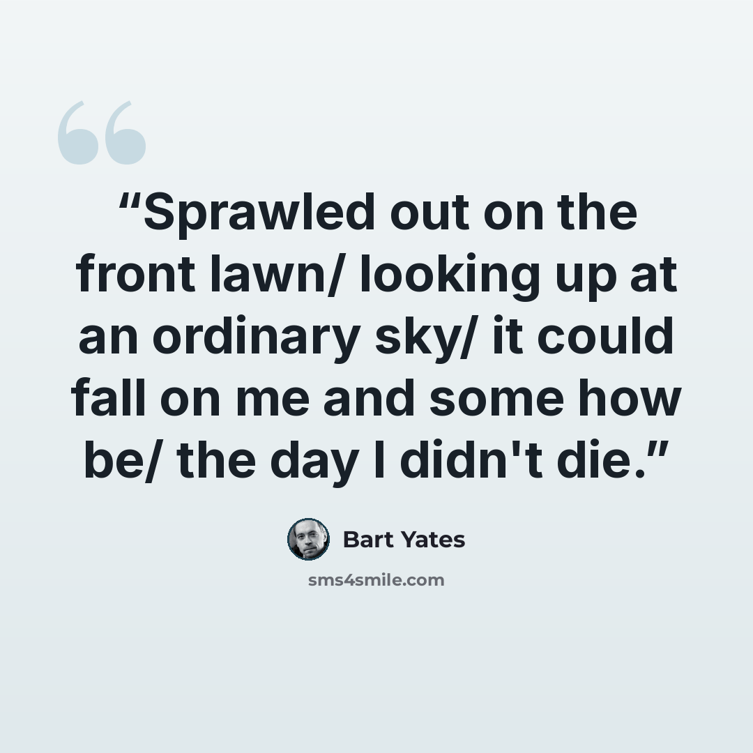 “Sprawled out on the front lawn/ looking up at an ordinary sky/ it could fall on me and some how be/ the day I didn't die.” quote by Bart Yates