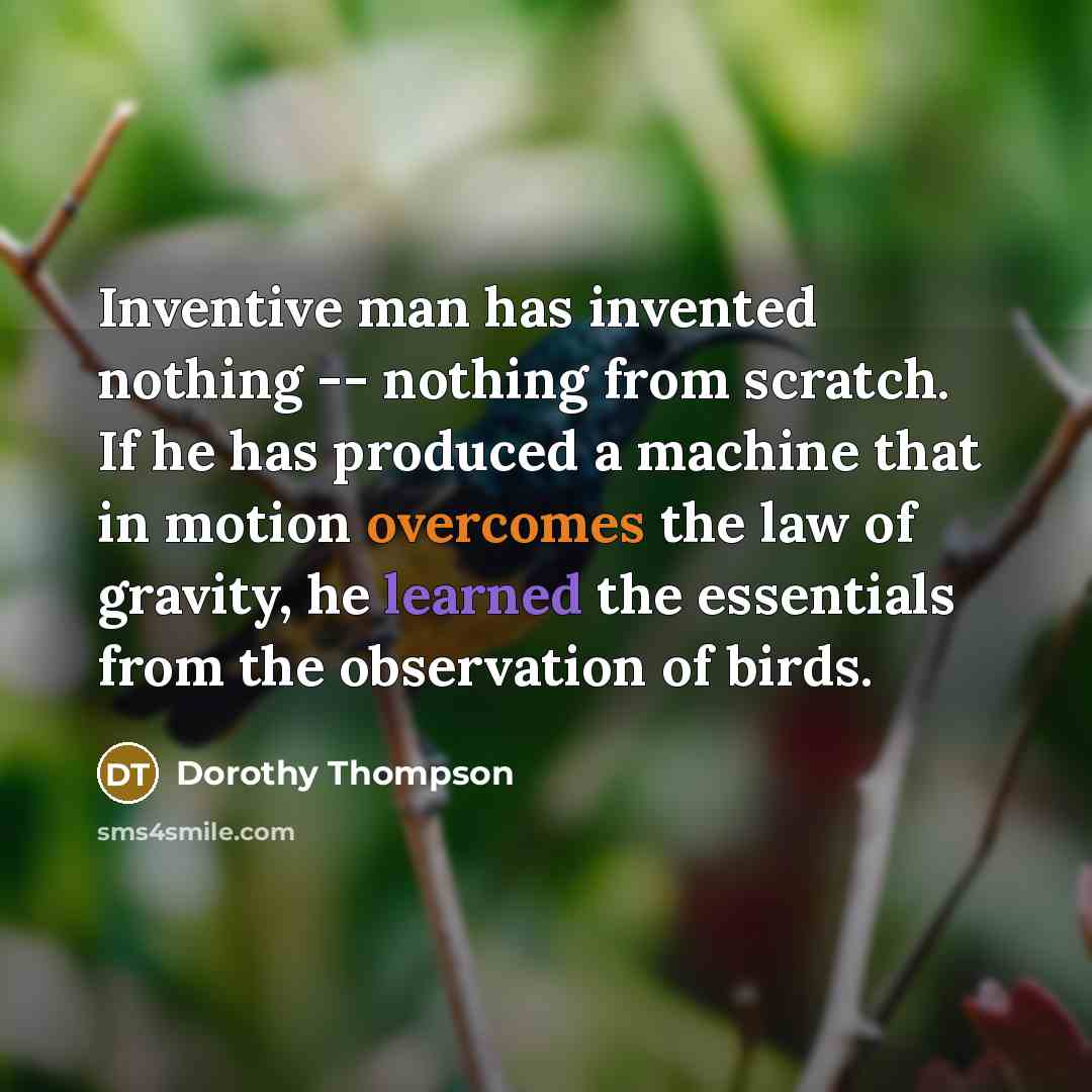 “Inventive man has invented nothing -- nothing from scratch. If he has produced a machine that in motion overcomes the law of gravity, he learned the essentials from the observation of birds.” quote by Dorothy Thompson