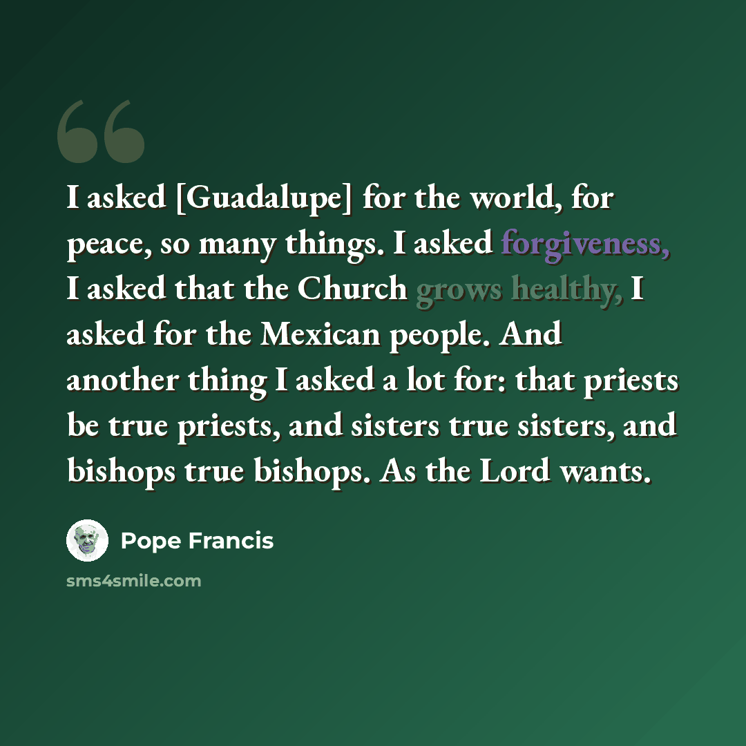 “I asked [Guadalupe] for the world, for peace, so many things. I asked forgiveness, I asked that the Church grows healthy, I asked for the Mexican people. And another thing I asked a lot for: that priests be true priests, and sisters true sisters, and bishops true bishops. As the Lord wants.” quote by Pope Francis