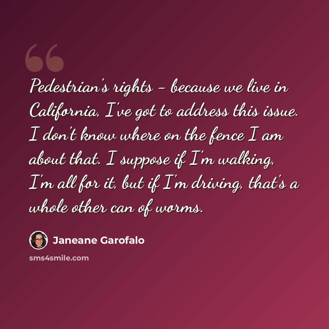 “Pedestrian's rights - because we live in California, I've got to address this issue. I don't know where on the fence I am about that. I suppose if I'm walking, I'm all for it, but if I'm driving, that's a whole other can of worms.” quote by Janeane Garofalo