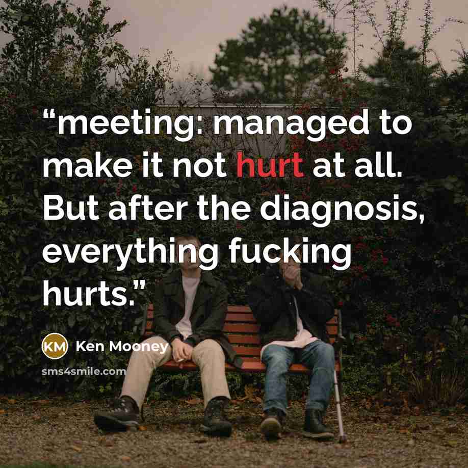 “meeting: managed to make it not hurt at all. But after the diagnosis, everything fucking hurts.” quote by Ken Mooney