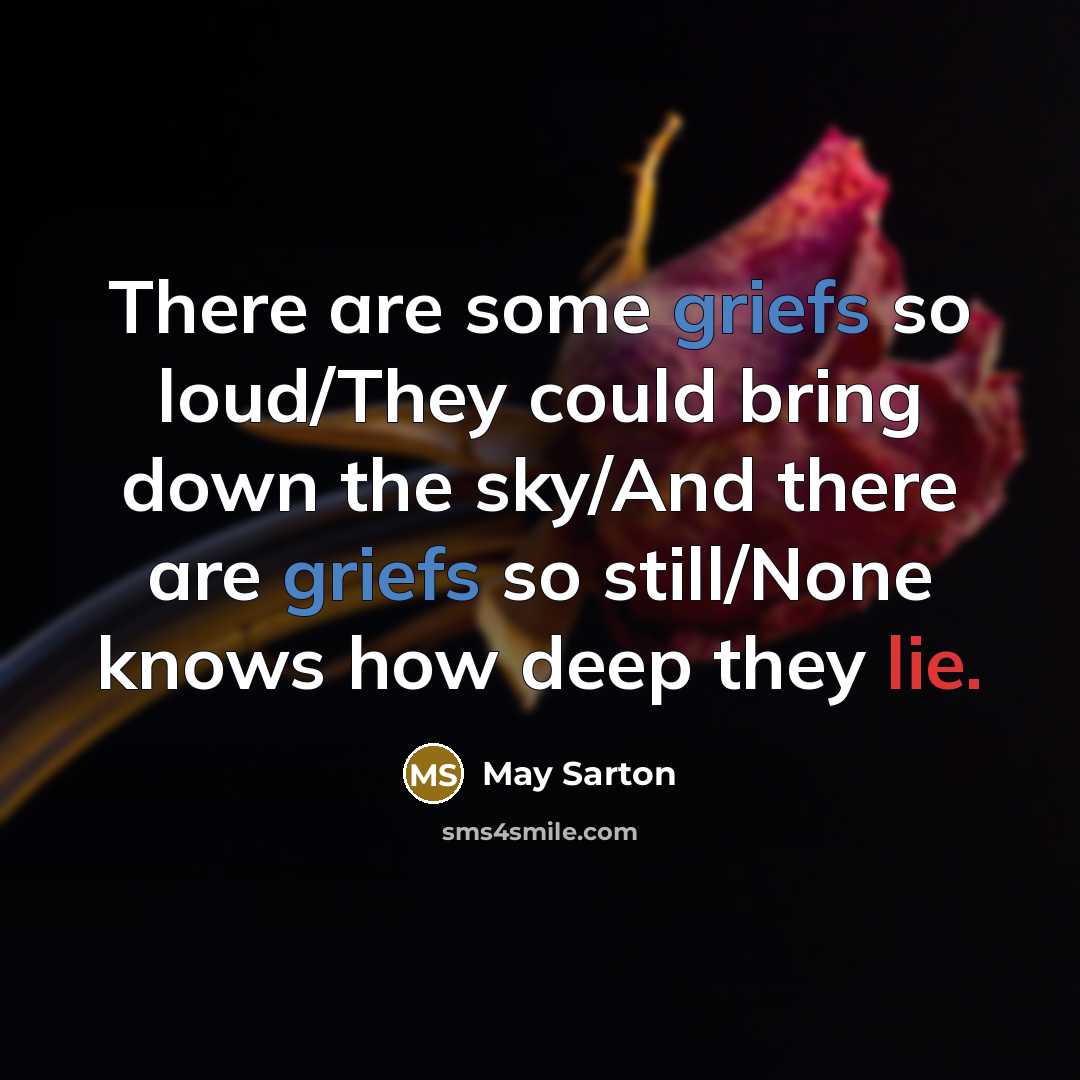 “There are some griefs so loud/They could bring down the sky/And there are griefs so still/None knows how deep they lie.” quote by May Sarton