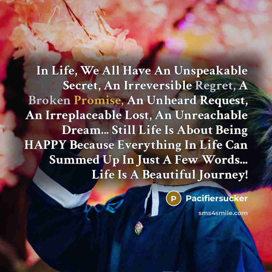 “In Life, We All Have An Unspeakable Secret, An Irreversible Regret, A Broken Promise, An Unheard Request, An Irreplaceable Lost, An Unreachable Dream... Still Life Is About Being HAPPY Because Everything In Life Can Summed Up In Just A Few Words... Life Is A Beautiful Journey!” quote by Pacifiersucker