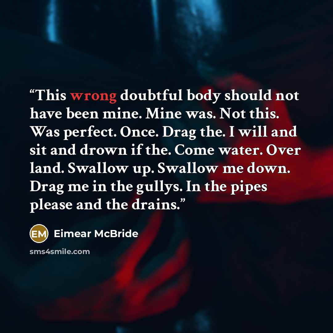 “This wrong doubtful body should not have been mine. Mine was. Not this. Was perfect. Once. Drag the. I will and sit and drown if the. Come water. Over land. Swallow up. Swallow me down. Drag me in the gullys. In the pipes please and the drains.” quote by Eimear McBride