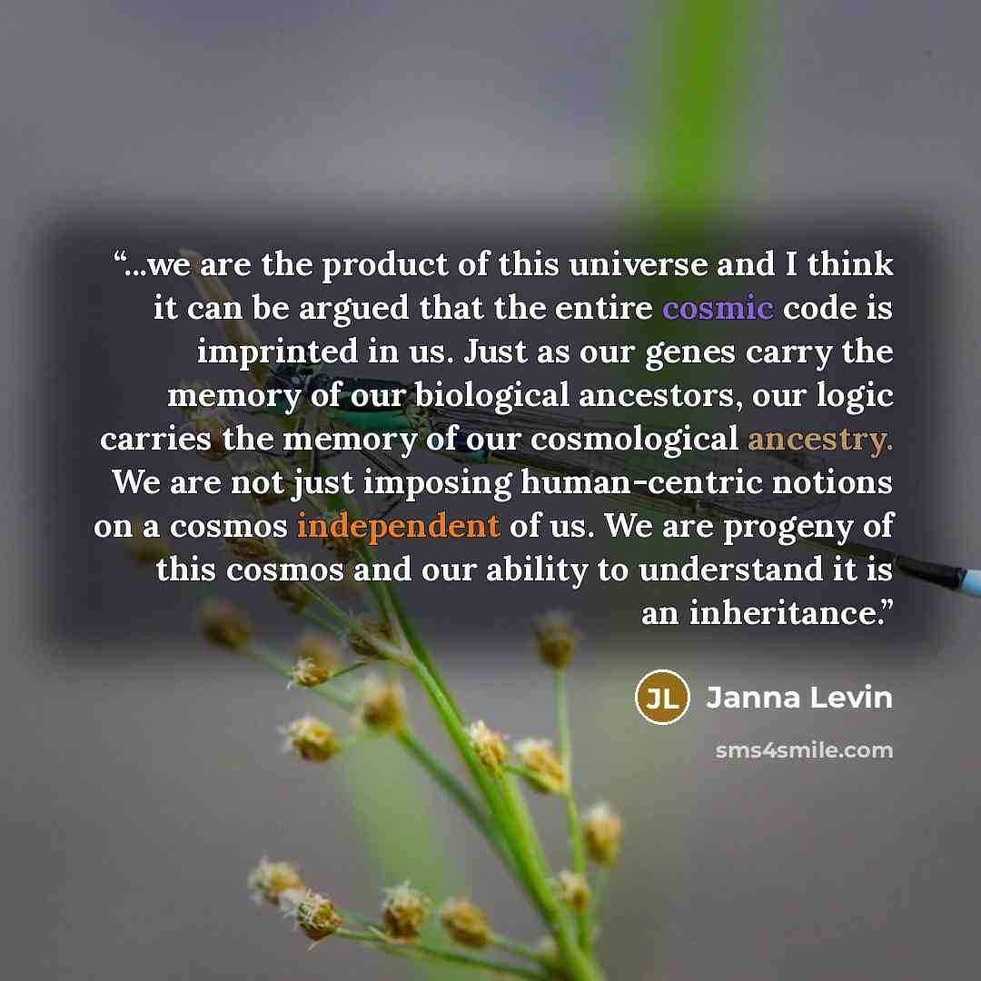 “...we are the product of this universe and I think it can be argued that the entire cosmic code is imprinted in us. Just as our genes carry the memory of our biological ancestors, our logic carries the memory of our cosmological ancestry. We are not just imposing human-centric notions on a cosmos…” quote by Janna Levin