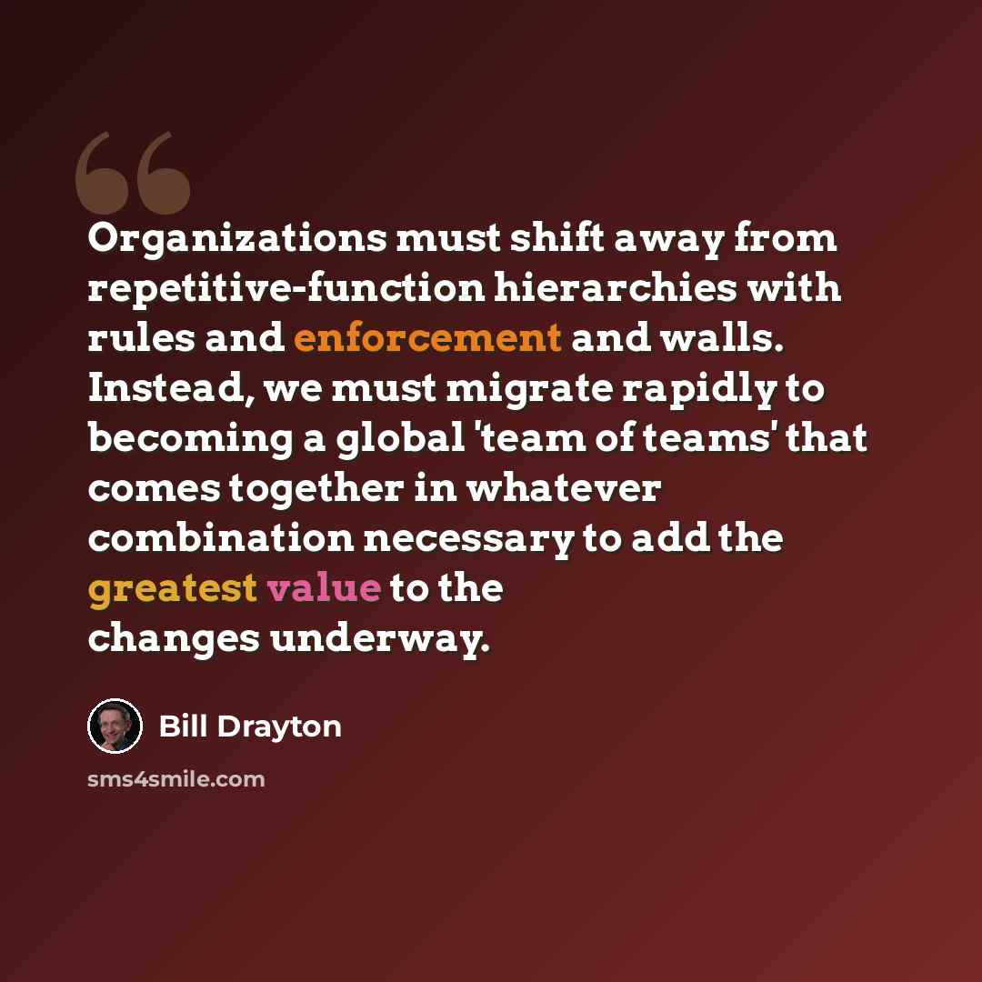 “Organizations must shift away from repetitive-function hierarchies with rules and enforcement and walls. Instead, we must migrate rapidly to becoming a global 'team of teams' that comes together in whatever combination necessary to add the greatest value to the changes underway.” quote by Bill Drayton