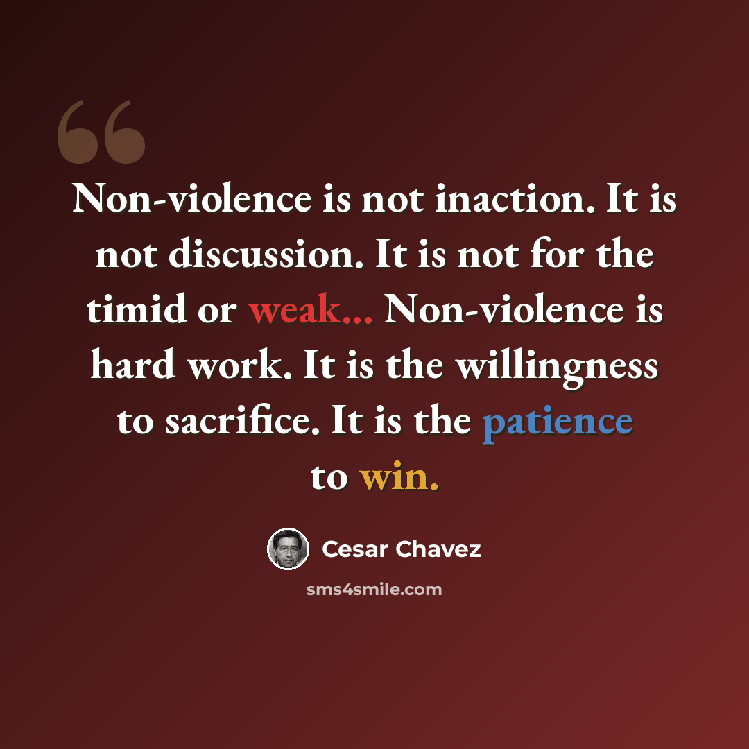 “Non-violence is not inaction. It is not discussion. It is not for the timid or weak... Non-violence is hard work. It is the willingness to sacrifice. It is the patience to win.” quote by Cesar Chavez