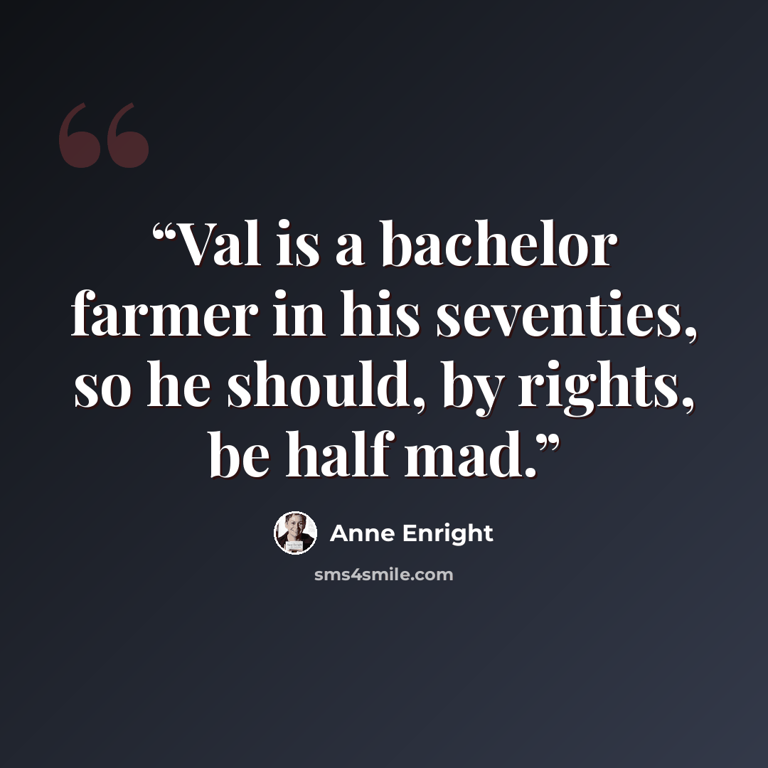“Val is a bachelor farmer in his seventies, so he should, by rights, be half mad.” quote by Anne Enright