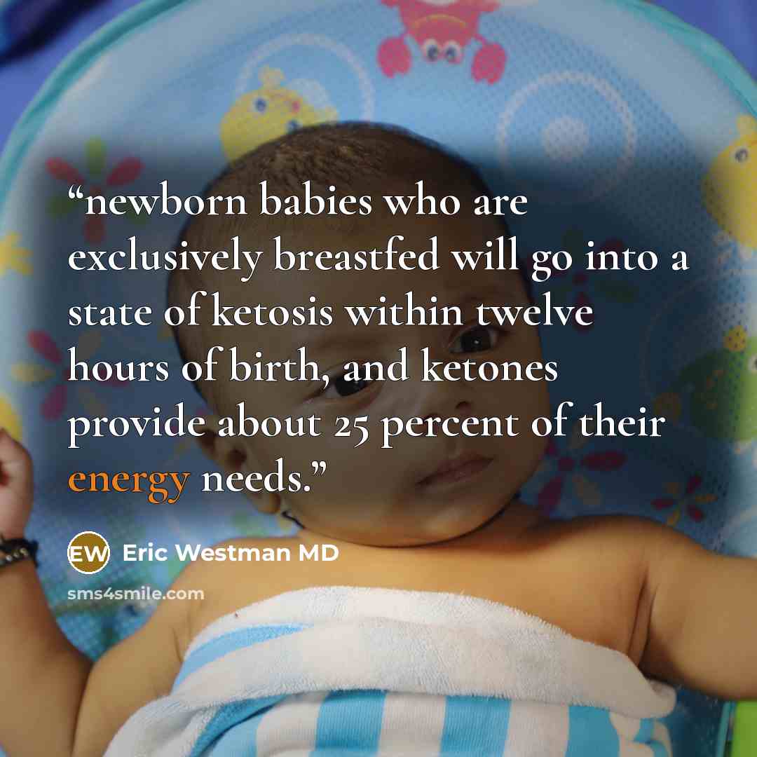 “newborn babies who are exclusively breastfed will go into a state of ketosis within twelve hours of birth, and ketones provide about 25 percent of their energy needs.” quote by Eric Westman MD