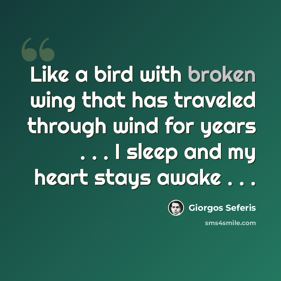 “Like a bird with broken wing that has traveled through wind for years . . . I sleep and my heart stays awake . . .” quote by Giorgos Seferis