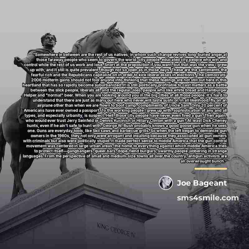 “Somewhere in between are the rest of us natives, in whom such change revives long-buried anger at those faraway people who seem to govern the world: city people, educated city people who win and control while the rest of us work and lose. Snort at the proposition if you want, but that was the view…” quote by Joe Bageant