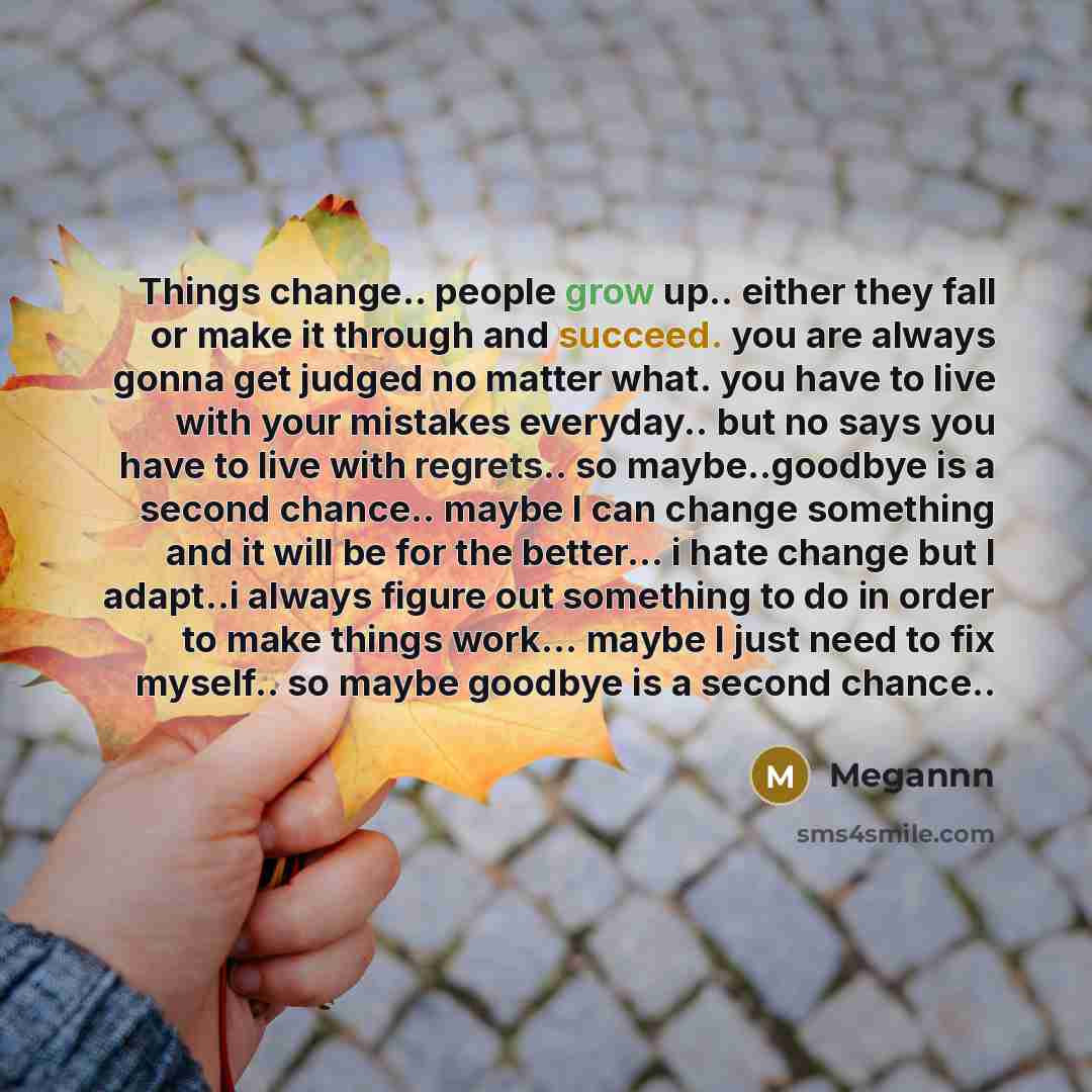 “Things change.. people grow up.. either they fall or make it through and succeed. you are always gonna get judged no matter what. you have to live with your mistakes everyday.. but no says you have to live with regrets.. so maybe..goodbye is a second chance.. maybe I can change something and it…” quote by Megannn