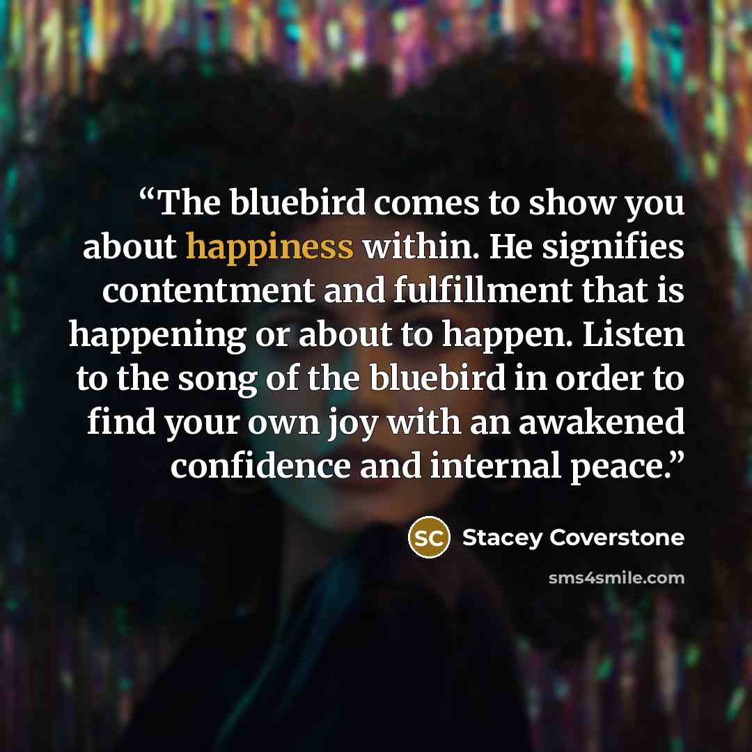 “The bluebird comes to show you about happiness within. He signifies contentment and fulfillment that is happening or about to happen. Listen to the song of the bluebird in order to find your own joy with an awakened confidence and internal peace.” quote by Stacey Coverstone
