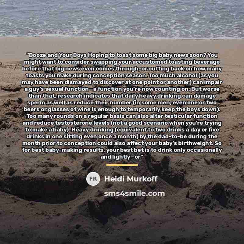 “Booze and Your Boys Hoping to toast some big baby news soon? You might want to consider swapping your accustomed toasting beverage before that big news even comes through, or cutting back on how many toasts you make during conception season. Too much alcohol (as you may have been dismayed to…” quote by Heidi Murkoff