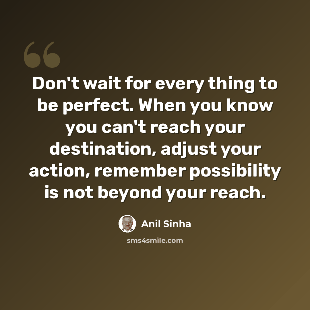 “Don't wait for every thing to be perfect. When you know you can't reach your destination, adjust your action, remember possibility is not beyond your reach.” quote by Anil Sinha