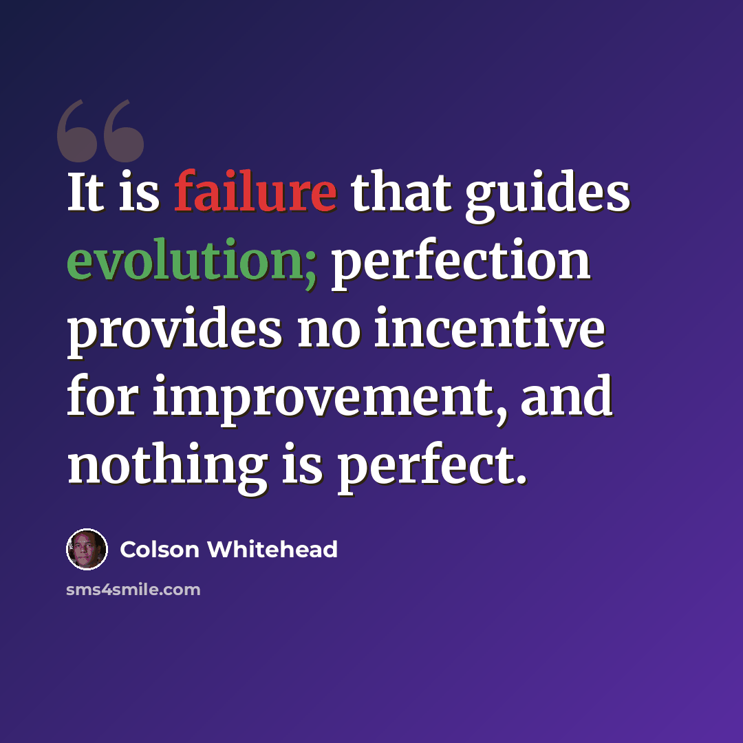 “It is failure that guides evolution; perfection provides no incentive for improvement, and nothing is perfect.” quote by Colson Whitehead