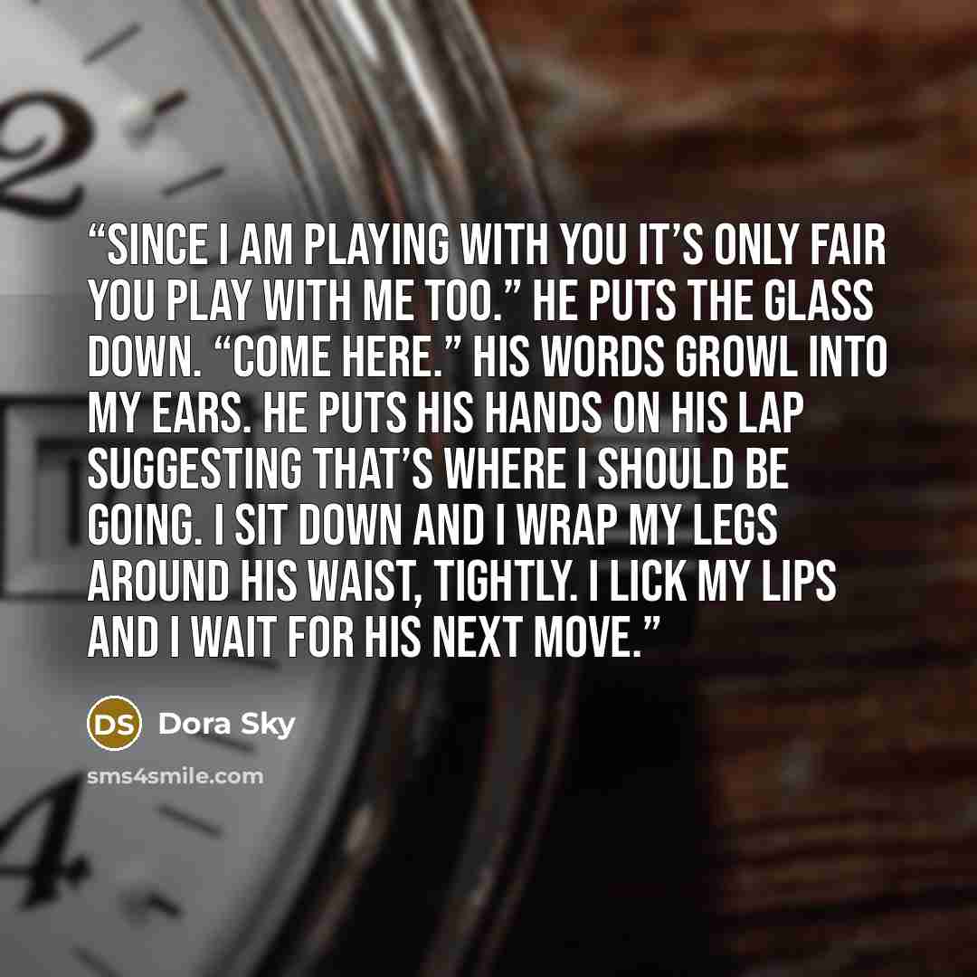 “Since I am playing with you it’s only fair you play with me too.” He puts the glass down. “Come here.” His words growl into my ears. He puts his hands on his lap suggesting that’s where I should be going. I sit down and I wrap my legs around his waist, tightly. I lick my lips and I wait for his…” quote by Dora Sky