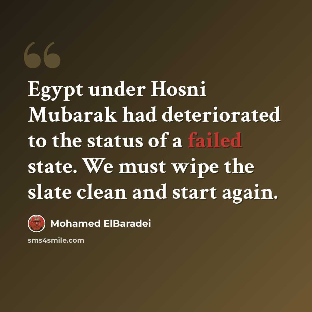 “Egypt under Hosni Mubarak had deteriorated to the status of a failed state. We must wipe the slate clean and start again.” quote by Mohamed ElBaradei